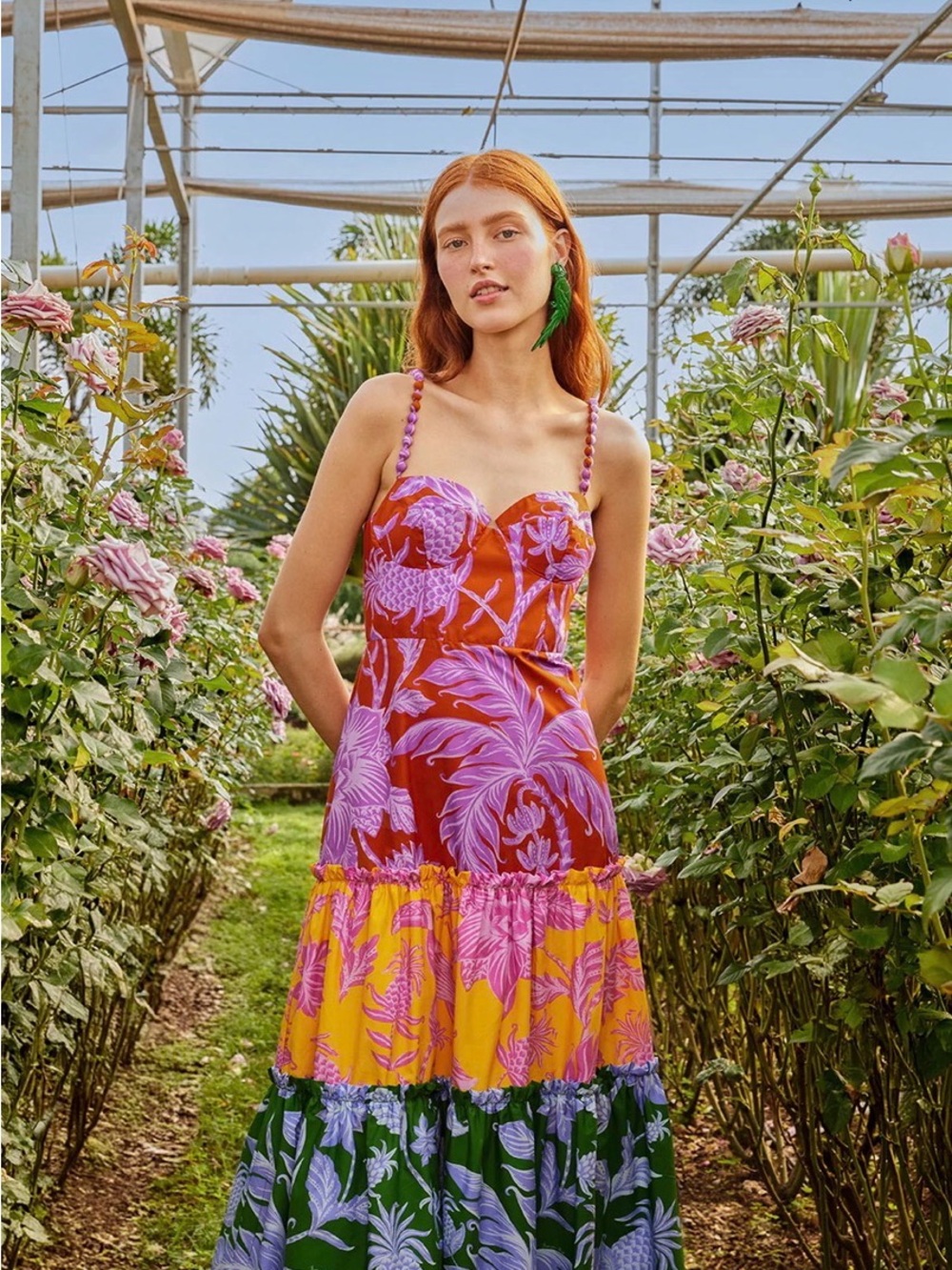 FARM Rio Tropical Swing Mix Floral Midi Dress Orange, Pink, Yellow, Green, Blue)